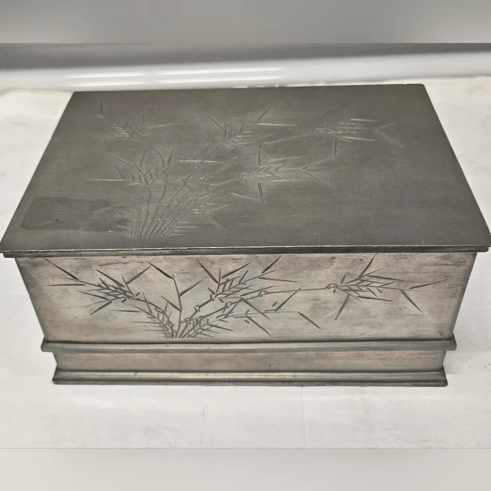Antique 1920 Chinese Kut Hing Pewter Swatow Dragon Jewelry Trinket Box